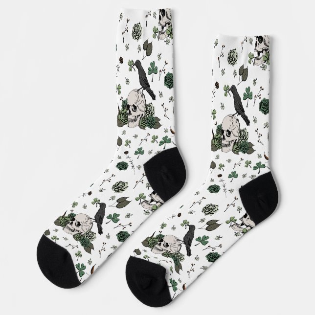 St Patrick's Day White & Green Skulls & Roses Socks (Left)