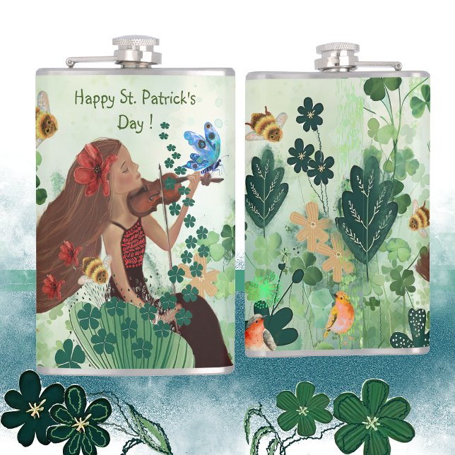 St. Patrick's Day with  Music Hip Flask (St Patrick's Day with Music Flask, with woman playing a violin )