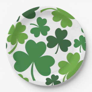 St. Patrick's Day with Shamrock clover on green Pa Paper Plate