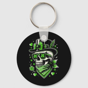 St Patricks Day Women Skull Messy Bun Shamrocks Su Key Ring