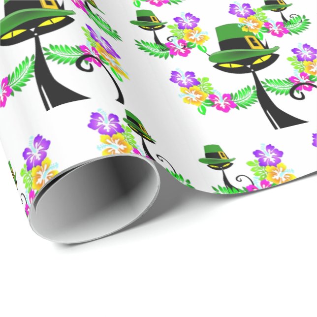 St. Patrick's Day Wrapping Paper Cat Floral (Roll Corner)