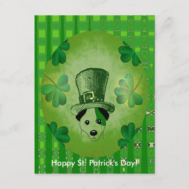 St. Patrick's Dog with Shamrocks Drawing Postcard (Front)