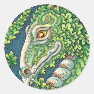 ST. PATRICK'S GREEN SHAMROCK DRAGON, IRISH FANTASY CLASSIC ROUND STICKER
