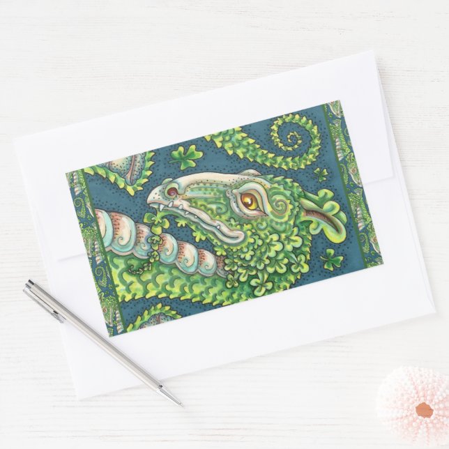 ST. PATRICK'S GREEN SHAMROCK DRAGON, IRISH FANTASY RECTANGULAR STICKER (Envelope)