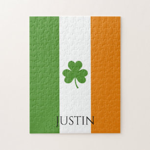 St Patrick's Irish Flag w Shamrock Personalise Jigsaw Puzzle