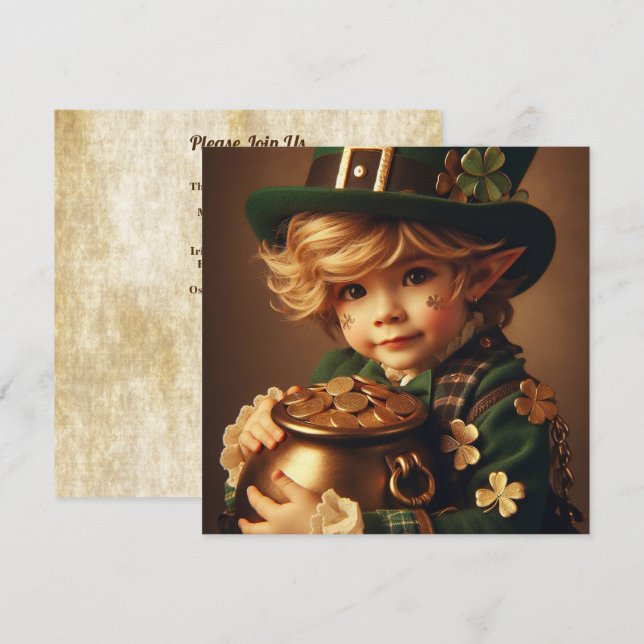 St Patrick's Leprechaun Child Pot of Gold Square Invitation (Front/Back)