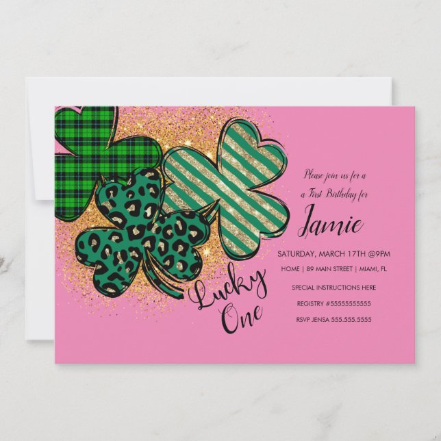 St. Patricks Lucky 1st Birthday Pink Green Invitation (Front)
