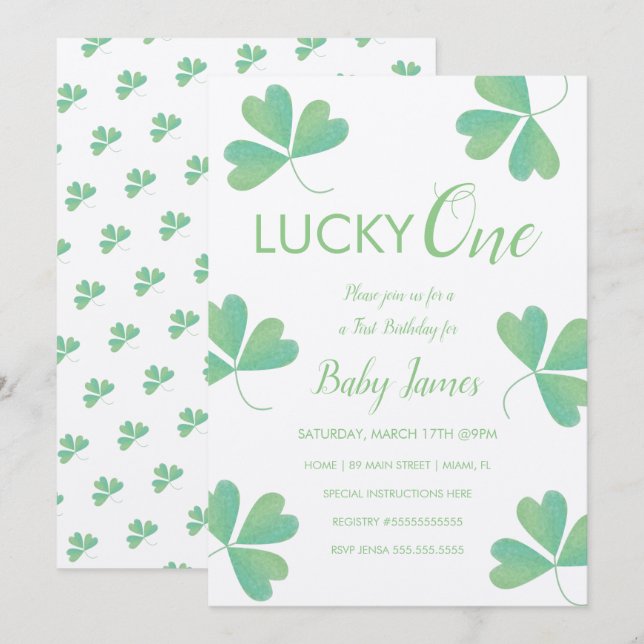 St. Patricks Lucky 1st Birthday Shamrock Textured Invitation (Front/Back)