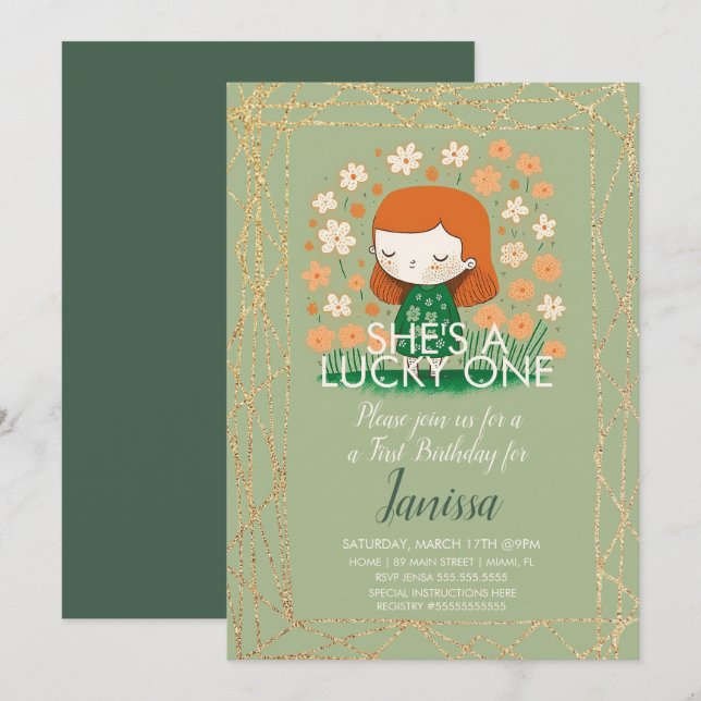 St. Patricks Lucky Birthday Girl Shamrock Glitter Invitation (Front/Back)