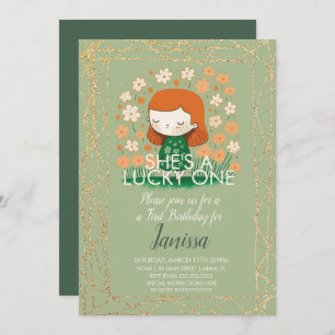 St. Patricks Lucky Birthday Girl Shamrock Glitter Invitation