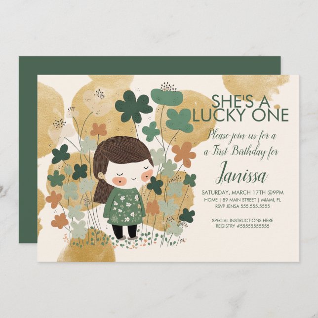 St. Patricks Lucky Birthday Girl Shamrock Gold Invitation (Front/Back)