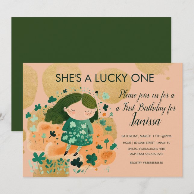 St. Patricks Lucky Birthday Girl Shamrocks Party  Invitation (Front/Back)