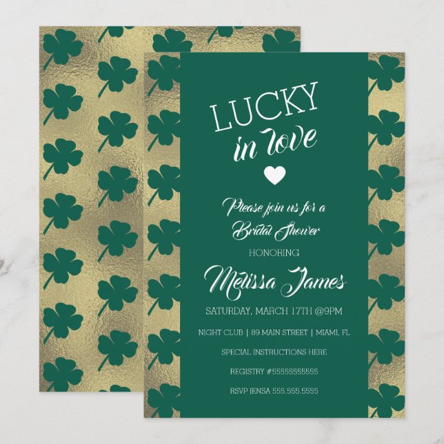 St. Patricks Lucky Bridal Shower Green Shamrock Invitation (Front/Back)