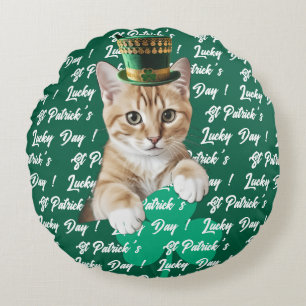 St Patrick's Lucky Day Cute Cat Leprechaun Hat, Round Cushion