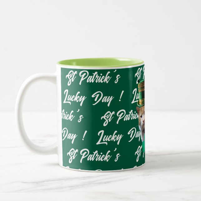 St Patrick's Lucky Day Cute Cat Leprechaun Hat, Two-Tone Coffee Mug (Left)