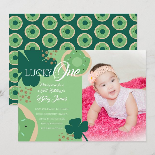 St. Patricks Lucky First Birthday Doughnut Photo Invitation (Front/Back)