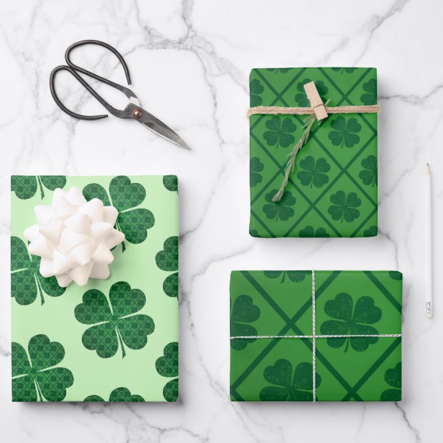 St Patricks Lucky Four Leaf Green Clover Pattern Wrapping Paper Sheet (Front)
