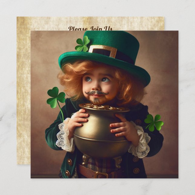 St Patrick's Party Irish Child Pot of Gold Square Invitation (Front/Back)