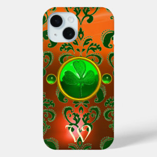 ST PATRICK'S SHAMROCK ORANGE GREEN DAMASK MONOGRAM iPhone 15 CASE