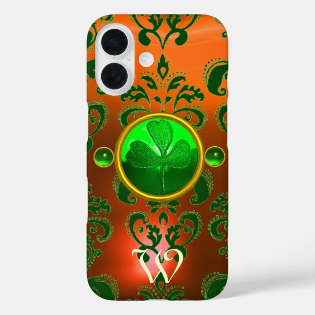ST PATRICK'S SHAMROCK ORANGE GREEN DAMASK MONOGRAM Case-Mate iPhone CASE (Back)