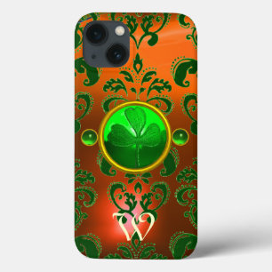 ST PATRICK'S SHAMROCK ORANGE GREEN DAMASK MONOGRAM iPhone 13 CASE