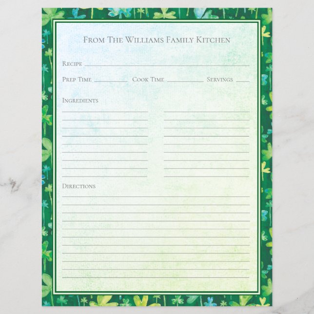St. Patrick's Shamrocks Green Recipe Paper Sheet (Front)