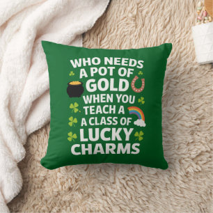St Patricks Teacher Lucky Charm Clover Irish Cushion