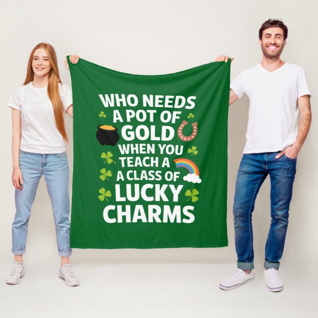 St Patricks Teacher Lucky Charm Clover Irish  Fleece Blanket (In Situ)