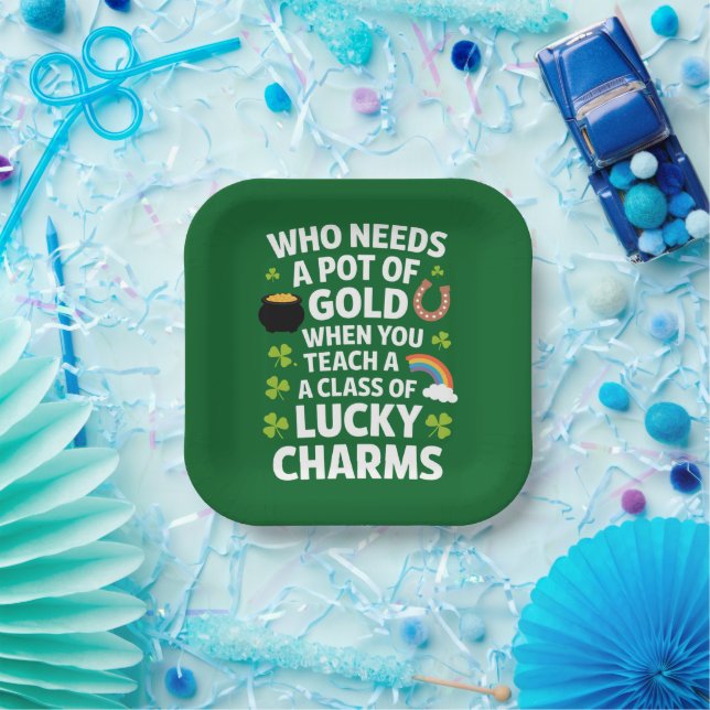 St Patricks Teacher Lucky Charm Clover Irish  Paper Plate (Party)