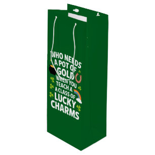 St Patricks Teacher Lucky Charm Clover Irish Wine Gift Bag