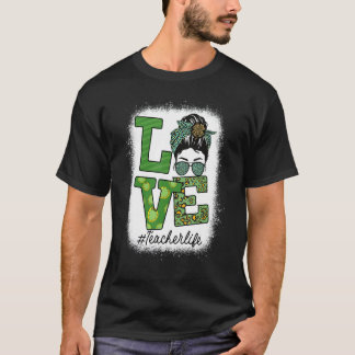 St Patricks Teacher Messy Bun Leopard Bleached Iri T-Shirt