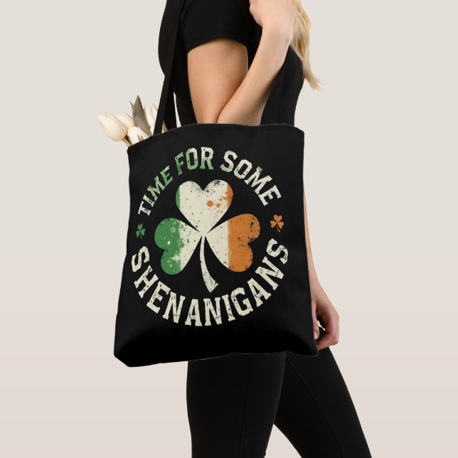 St. Patrick's Time For Some Shenanigans Clover Fun Tote Bag (Close Up)