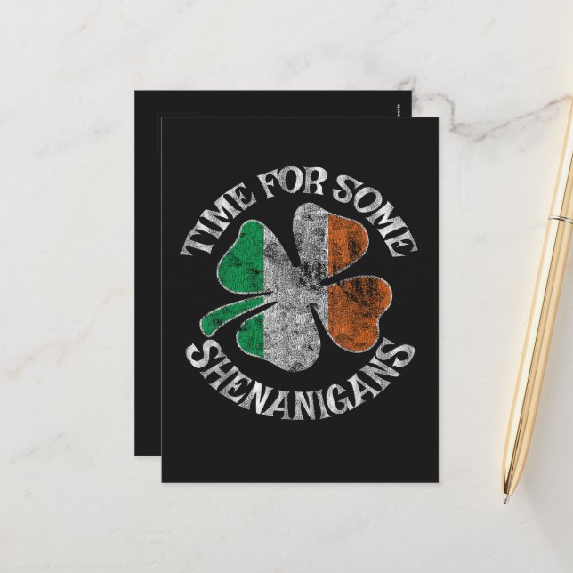 St. Patrick's Time for Some Shenanigans Clover Holiday Postcard (Front/Back In Situ)