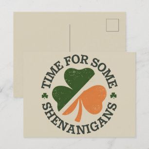 St. Patrick's Time For Some Shenanigans Clover  Postcard