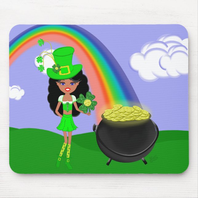 St Pat's Day Brunette Girl Leprechaun with Rainbow Mouse Mat (Front)