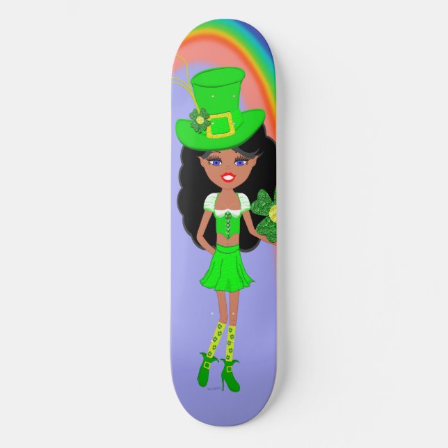 St Pat's Day Brunette Girl Leprechaun with Rainbow Skateboard (Front)