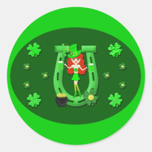 St Pat's Day Redhead Girl Leprechaun Classic Round Sticker