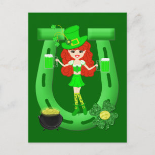 St Pat's Day Redhead Girl Leprechaun Postcard