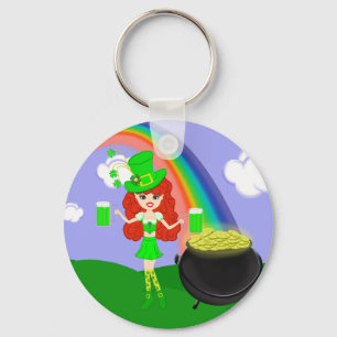 St Pat's Day Redhead Girl Leprechaun with Rainbow Key Ring