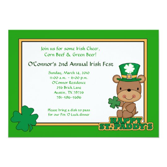 St. Patty's Day Party Saint Patrick's Day 5x7 Bear Card