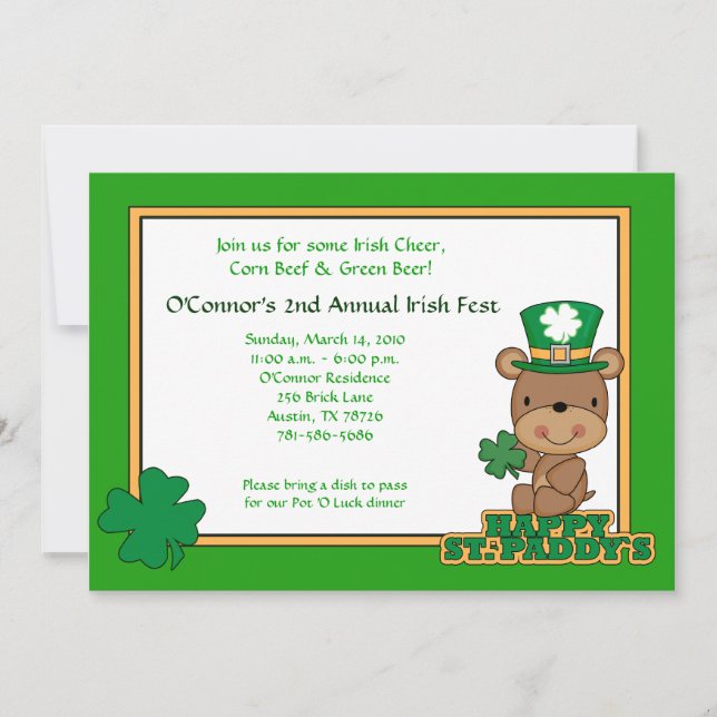 St. Patty's Day Party Saint Patrick's Day 5x7 Bear Invitation (Front)