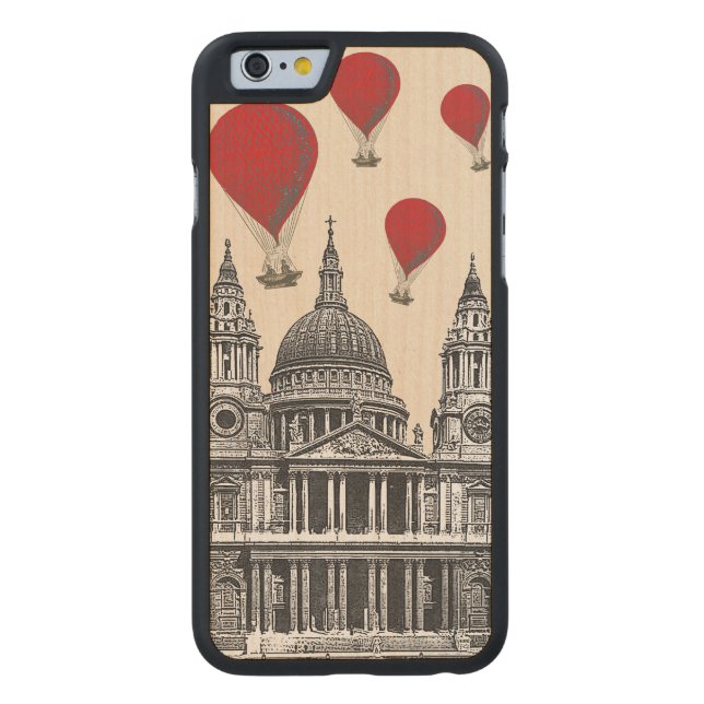 St Pauls Cathedral and Red Hot Air Balloons Carved Wood iPhone Case (Back)