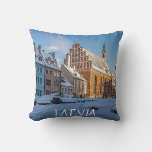 St. Peter's Church in winter in Riga, Latvia Cushion