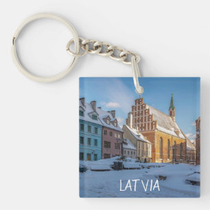 St. Peter's Church in winter in Riga, Latvia Key Ring