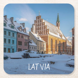 St. Peter's Church in winter in Riga, Latvia Square Paper Coaster