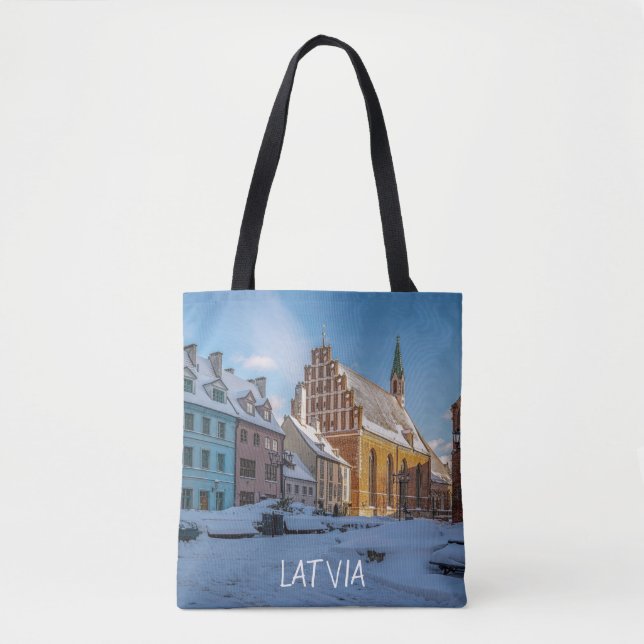 St. Peter's Church in winter in Riga, Latvia Tote Bag (Front)