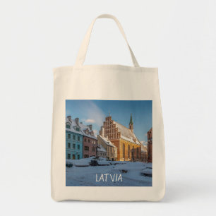 St. Peter's Church in winter in Riga, Latvia Tote Bag