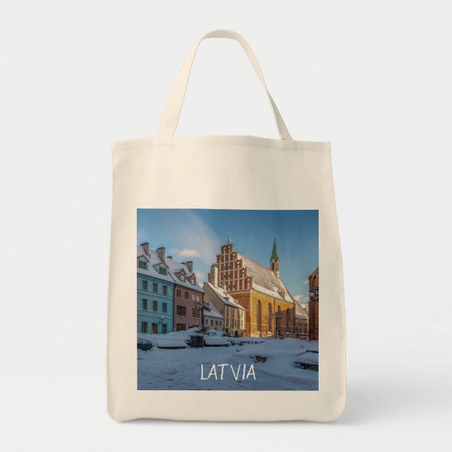 St. Peter's Church in winter in Riga, Latvia Tote Bag (Front)