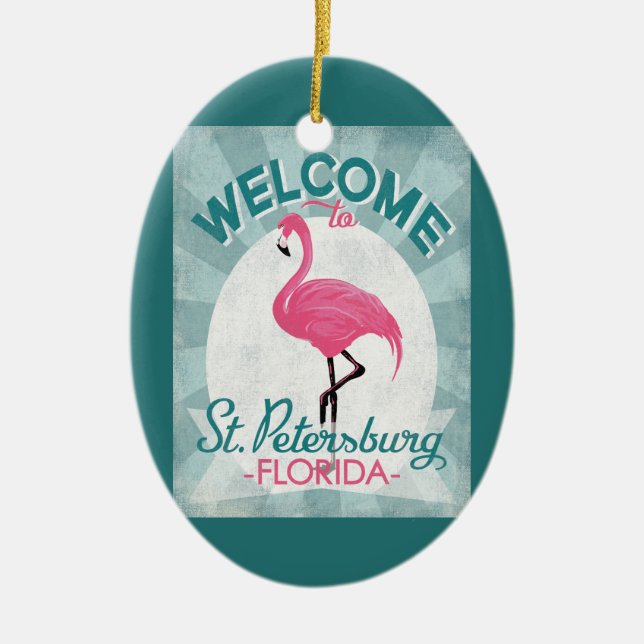 St Petersburg Florida Pink Flamingo Retro Ceramic Tree Decoration (Front)