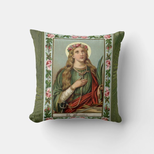 St. Philomena Pink Roses Green Palm Cushion (Front)